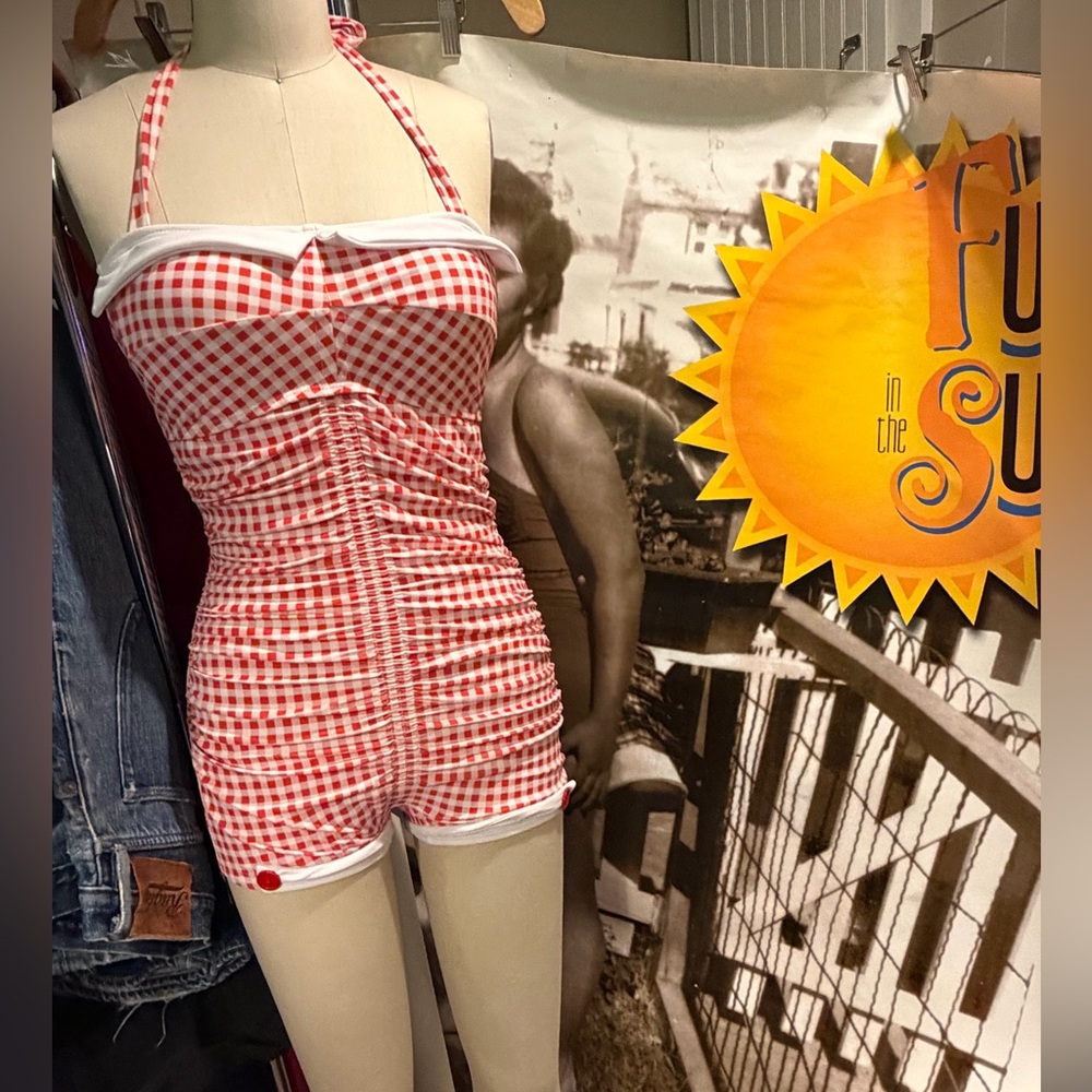 Red & White Gingham Retro Halter Bathing Suit